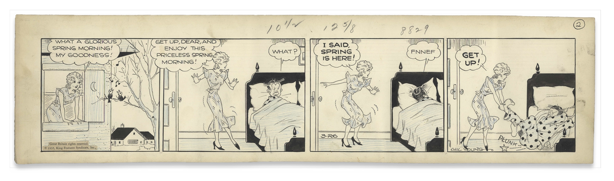 Chic Young Hand-Drawn ''Blondie'' Comic Strip From 1935 Titled ''Old Man Winter'' -- Spring Has Sprung in the Bumstead Home